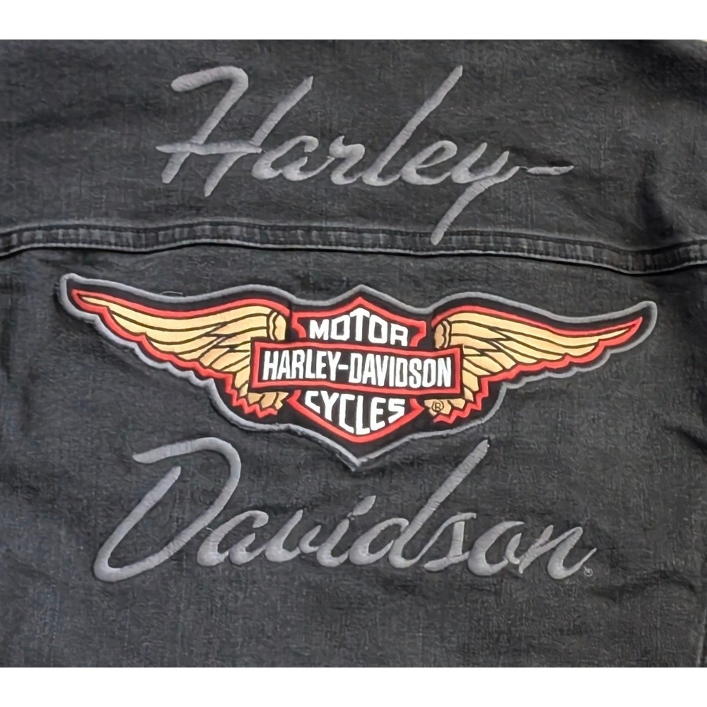 Harley Davidson Black Denim Trucker Jacket Women 2X Embroidered Wings Patch - Picture 4 of 10